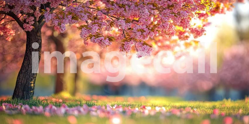 A Sunlit Meadow: Sunlight filters through the leaves of a majestic tree, illuminating a vibrant carpet of wildflowers in a picturesque meadow