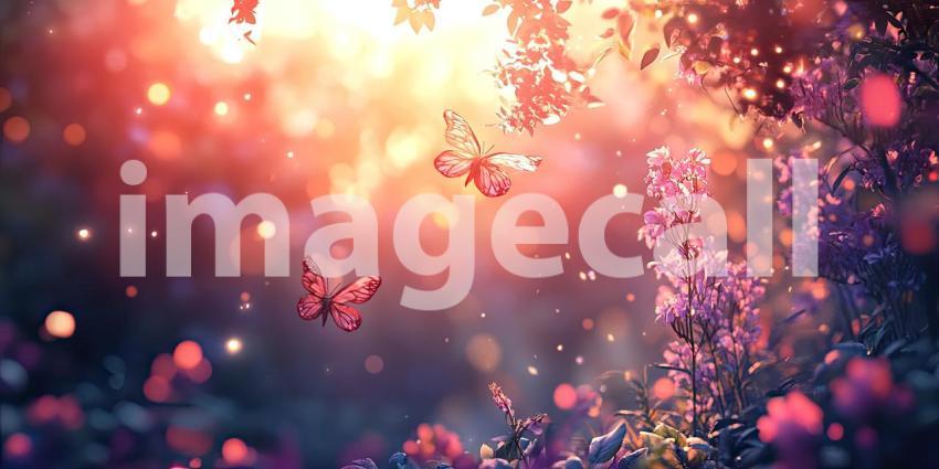 A Twilight Serenade: Delicate Butterflies Dance Among Vibrant Blooms as the Sun Sets, Casting a Magical Glow on a World of Enchantment