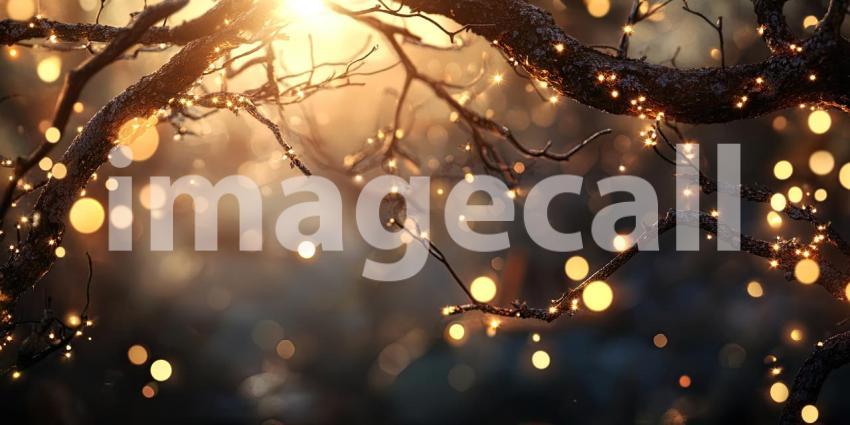 A Wintery Glow: Twinkling Lights Illuminate Bare Branches Against a Twilight Sky, Casting a Magical Spell and Evoking the Spirit of the Festive Season