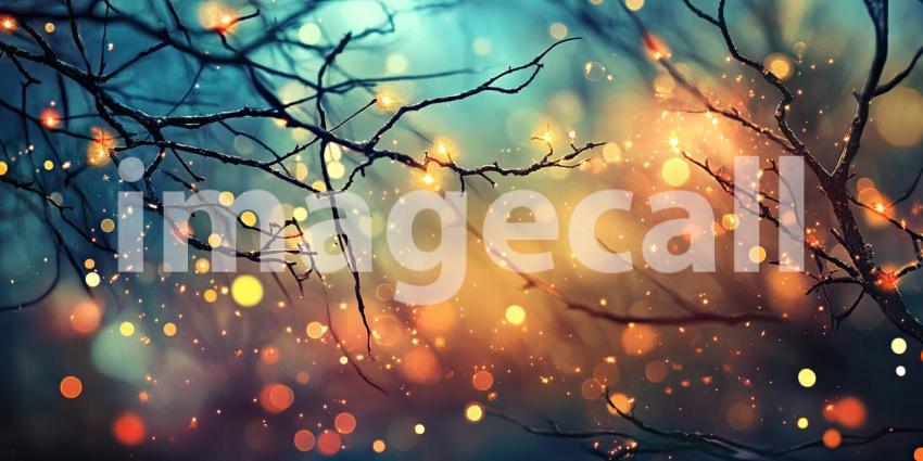 A Wintery Glow: Twinkling Lights Illuminate Bare Branches Against a Twilight Sky, Casting a Magical Spell and Evoking the Spirit of the Festive Season
