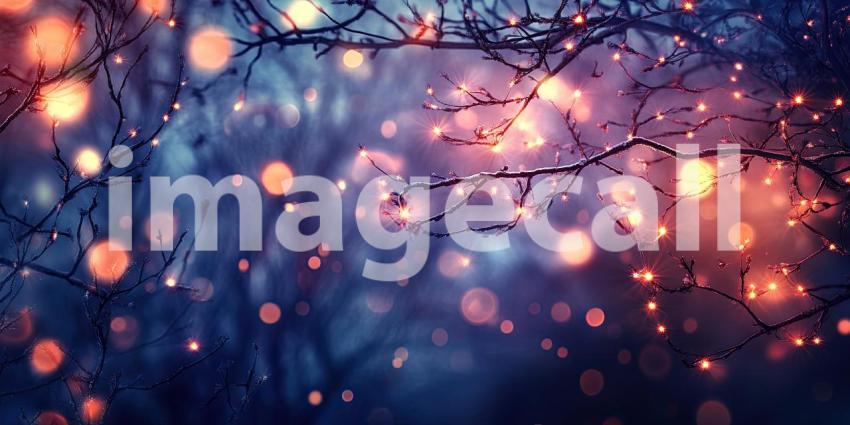A Wintery Glow: Twinkling Lights Illuminate Bare Branches Against a Twilight Sky, Casting a Magical Spell and Evoking the Spirit of the Festive Season