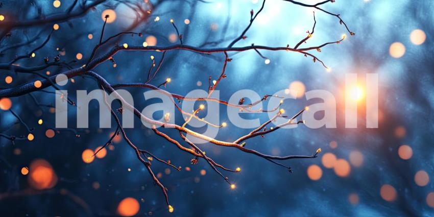 A Wintery Glow: Twinkling Lights Illuminate Bare Branches Against a Twilight Sky, Casting a Magical Spell and Evoking the Spirit of the Festive Season