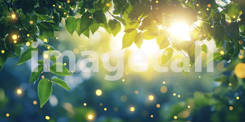 A Midsummer Night Dream: Sunlight filters through a canopy of leaves, illuminating a magical scene where fireflies twinkle like stars against a backdrop of lush greenery