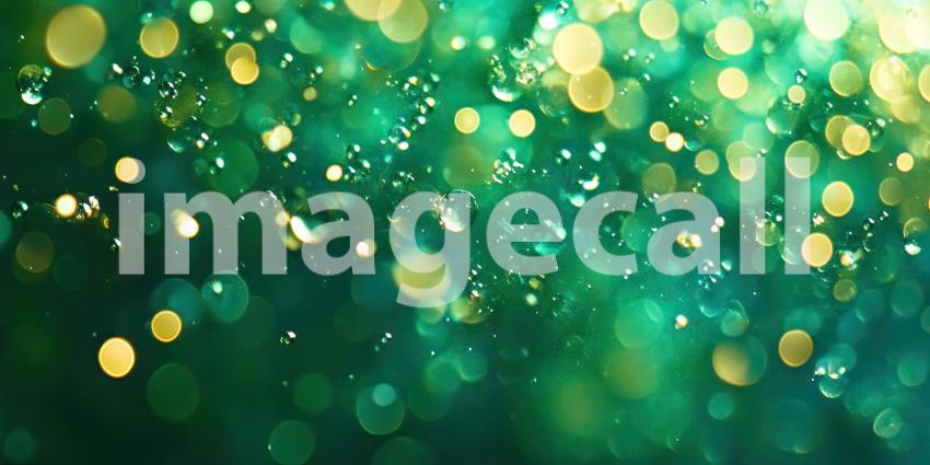 A Symphony of Light and Dew: A mesmerizing interplay of golden bokeh and glistening water droplets creates a vibrant, abstract composition on a verdant green backdrop