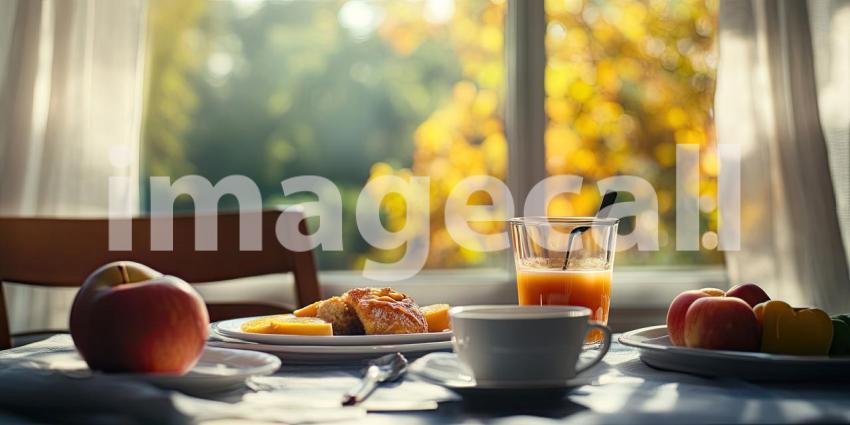 Morning Delight: A Sunny Breakfast Table Set with a Plate of Golden-Fried Eggs, Toast, Fresh Fruit, and a Glass of Orange Juice, Inviting a Day of Warmth and Nourishment