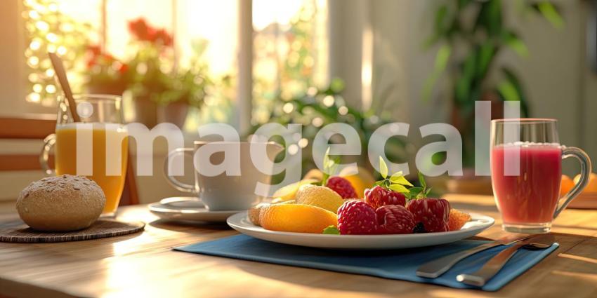Morning Delight: A Sunny Breakfast Table Set with a Plate of Golden-Fried Eggs, Toast, Fresh Fruit, and a Glass of Orange Juice, Inviting a Day of Warmth and Nourishment