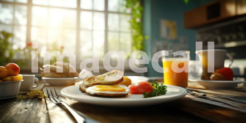 Morning Delight: A Sunny Breakfast Table Set with a Plate of Golden-Fried Eggs, Toast, Fresh Fruit, and a Glass of Orange Juice, Inviting a Day of Warmth and Nourishment