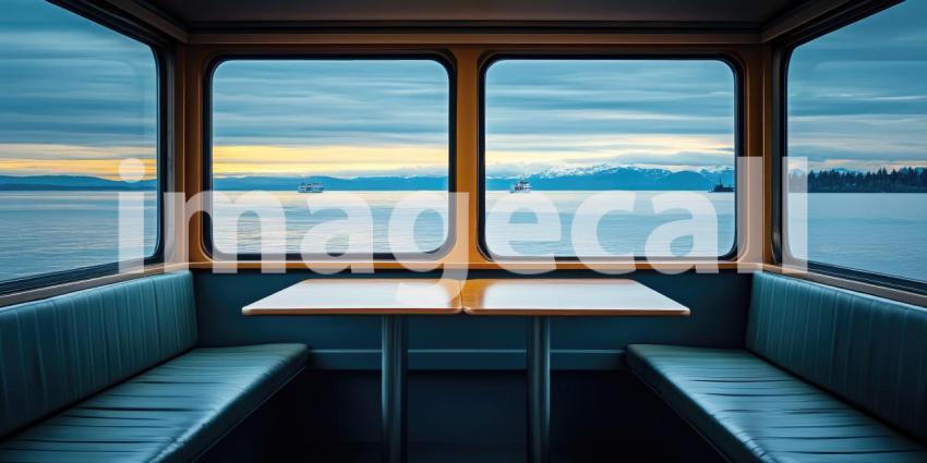 A Window to Tranquility: A vintage-style ferry cabin offers a panoramic view of the serene ocean and distant mountains, inviting a moment of peaceful contemplation