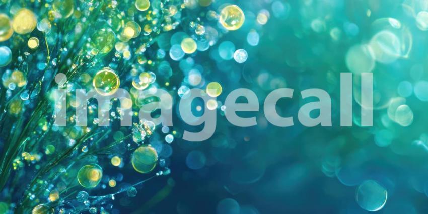 A Symphony of Light and Dew: A mesmerizing interplay of golden bokeh and glistening water droplets creates a vibrant, abstract composition on a verdant green backdrop