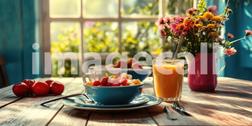 Morning Delight: A Sunny Breakfast Table Set with a Plate of Golden-Fried Eggs, Toast, Fresh Fruit, and a Glass of Orange Juice, Inviting a Day of Warmth and Nourishment
