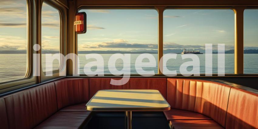 A Window to Tranquility: A vintage-style ferry cabin offers a panoramic view of the serene ocean and distant mountains, inviting a moment of peaceful contemplation