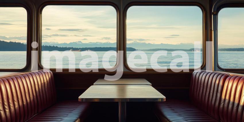 A Window to Tranquility: A vintage-style ferry cabin offers a panoramic view of the serene ocean and distant mountains, inviting a moment of peaceful contemplation