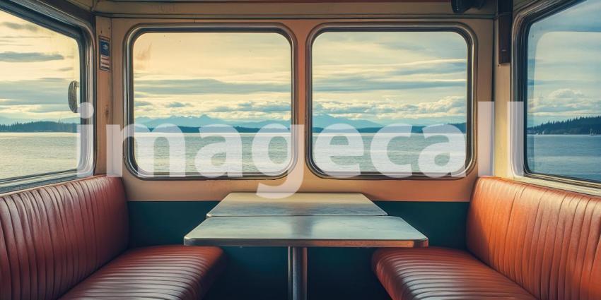 A Window to Tranquility: A vintage-style ferry cabin offers a panoramic view of the serene ocean and distant mountains, inviting a moment of peaceful contemplation