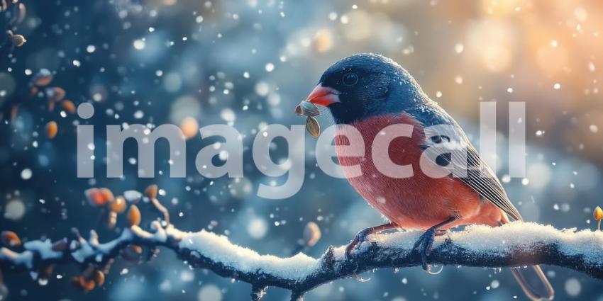 Winter's Delicacy: A vibrant bullfinch, perched on a snow-laden branch, savors a seed amidst a flurry of snowflakes, a testament to nature's resilience in the face of winter's chill