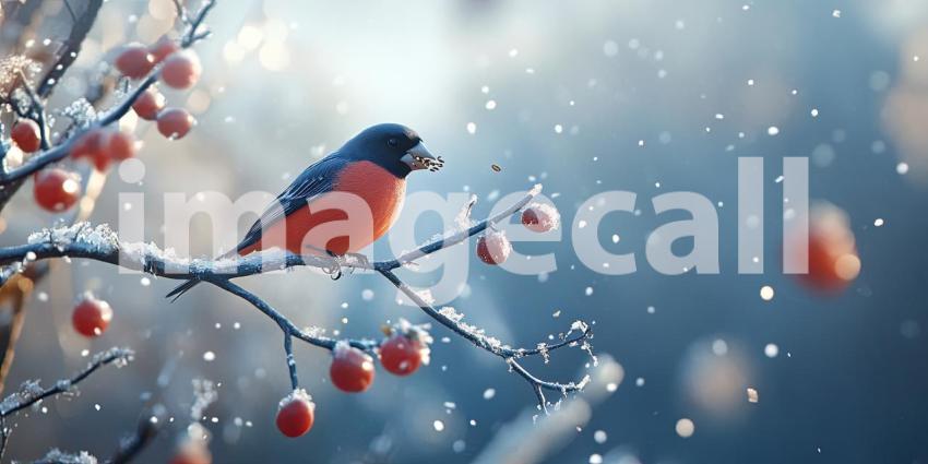 Winter's Delicacy: A vibrant bullfinch, perched on a snow-laden branch, savors a seed amidst a flurry of snowflakes, a testament to nature's resilience in the face of winter's chill