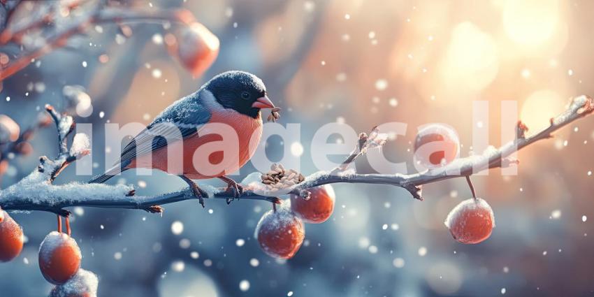 Winter's Delicacy: A vibrant bullfinch, perched on a snow-laden branch, savors a seed amidst a flurry of snowflakes, a testament to nature's resilience in the face of winter's chill
