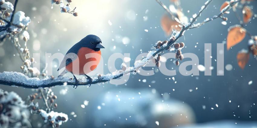 Winter's Delicacy: A vibrant bullfinch, perched on a snow-laden branch, savors a seed amidst a flurry of snowflakes, a testament to nature's resilience in the face of winter's chill