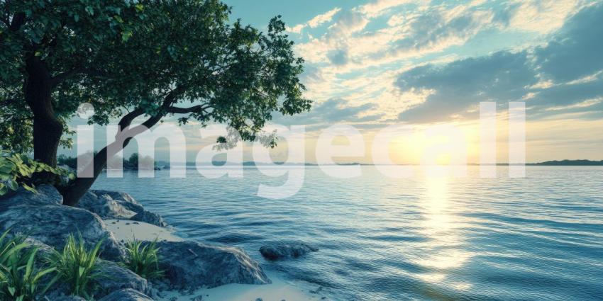 Serene Sunset on the Shore: A lone tree stands sentinel beside a tranquil lake, its silhouette etched against a sky ablaze with golden hues as the sun descends