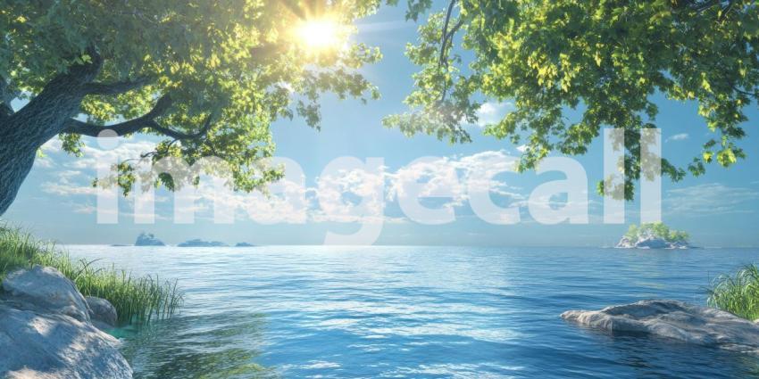 Serene Sunset on the Shore: A lone tree stands sentinel beside a tranquil lake, its silhouette etched against a sky ablaze with golden hues as the sun descends