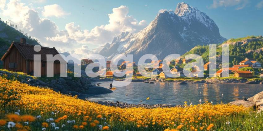 A Tranquil Fjordside Village: Charming wooden houses nestled amidst a vibrant meadow of wildflowers, overlook a serene fjord surrounded by snow-capped mountains and a sky painted with fluffy clouds