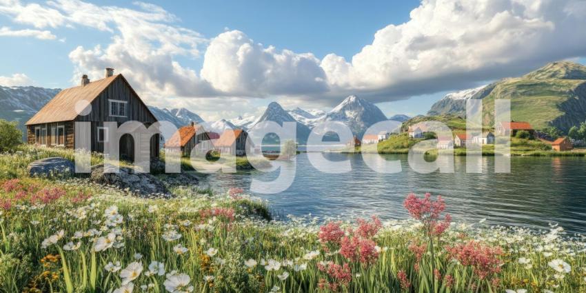 A Tranquil Fjordside Village: Charming wooden houses nestled amidst a vibrant meadow of wildflowers, overlook a serene fjord surrounded by snow-capped mountains and a sky painted with fluffy clouds