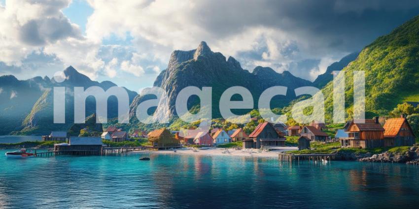 A Tranquil Fjordside Village: Charming wooden houses nestled amidst a vibrant meadow of wildflowers, overlook a serene fjord surrounded by snow-capped mountains and a sky painted with fluffy clouds