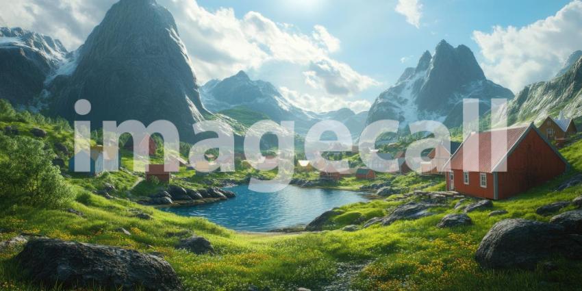 A Tranquil Fjordside Village: Charming wooden houses nestled amidst a vibrant meadow of wildflowers, overlook a serene fjord surrounded by snow-capped mountains and a sky painted with fluffy clouds