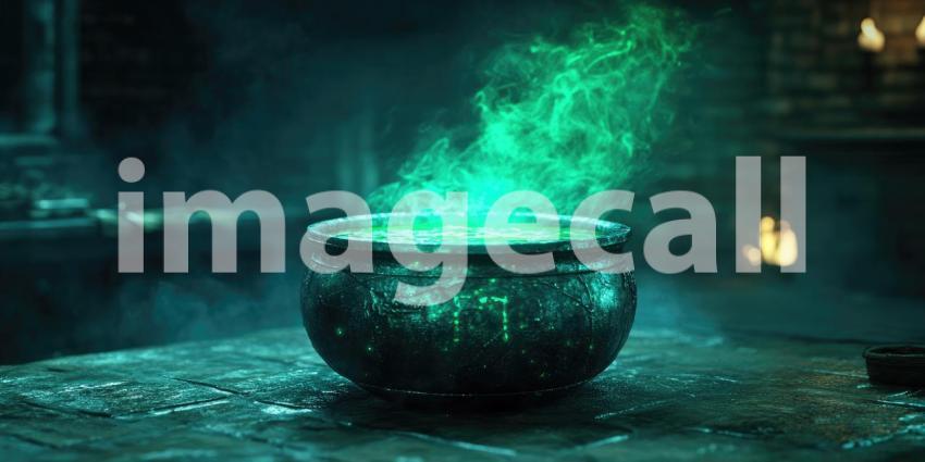 A Cauldron of Secrets: An Ethereal Green Potion Bubbles and Simmers in a Mystical Cauldron, Casting an Enchanting Glow in a Dark and Atmospheric Setting