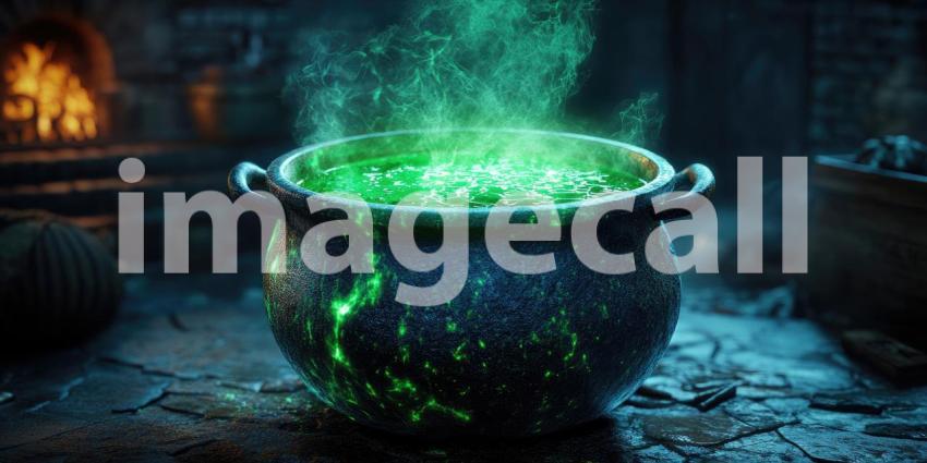 A Cauldron of Secrets: An Ethereal Green Potion Bubbles and Simmers in a Mystical Cauldron, Casting an Enchanting Glow in a Dark and Atmospheric Setting
