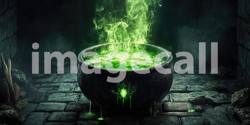 A Cauldron of Secrets: An Ethereal Green Potion Bubbles and Simmers in a Mystical Cauldron, Casting an Enchanting Glow in a Dark and Atmospheric Setting