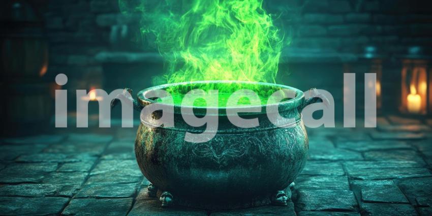A Cauldron of Secrets: An Ethereal Green Potion Bubbles and Simmers in a Mystical Cauldron, Casting an Enchanting Glow in a Dark and Atmospheric Setting