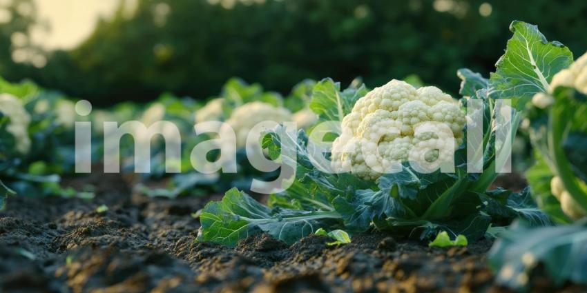 A Field of Ivory: A vast expanse of cauliflower heads, glistening under a dramatic sunset sky, forms a mesmerizing landscape of nature's bounty