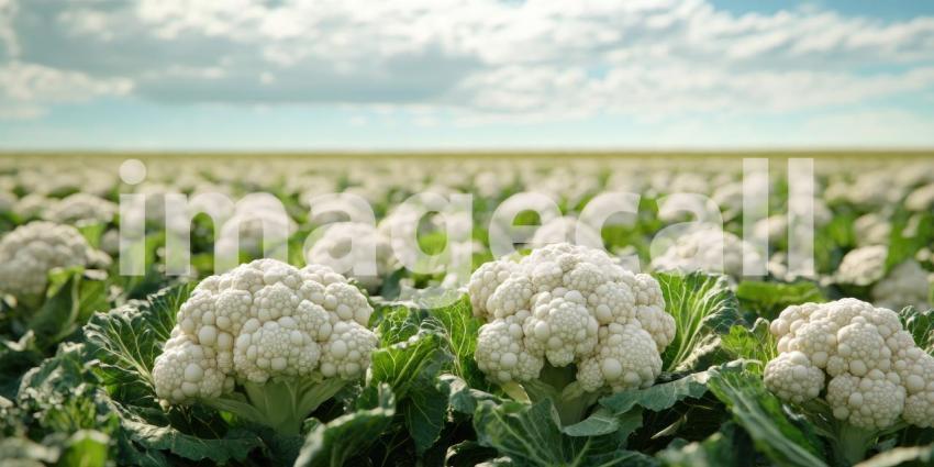 A Field of Ivory: A vast expanse of cauliflower heads, glistening under a dramatic sunset sky, forms a mesmerizing landscape of nature's bounty