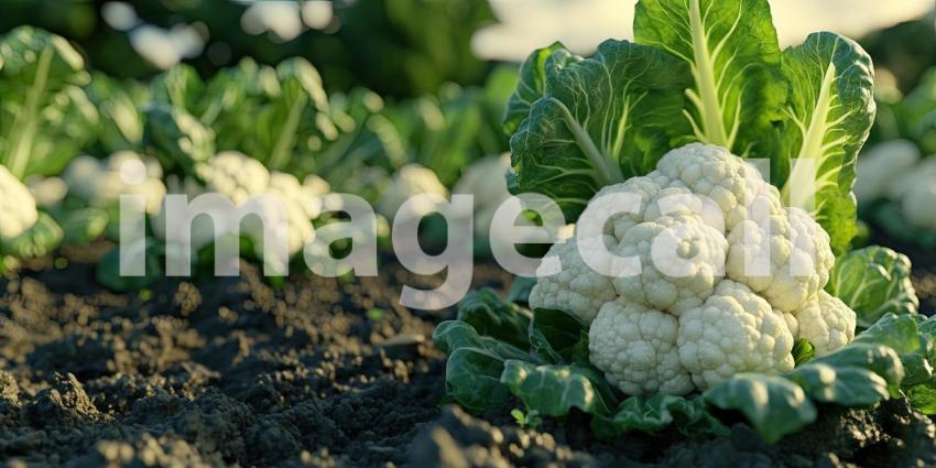 A Field of Ivory: A vast expanse of cauliflower heads, glistening under a dramatic sunset sky, forms a mesmerizing landscape of nature's bounty
