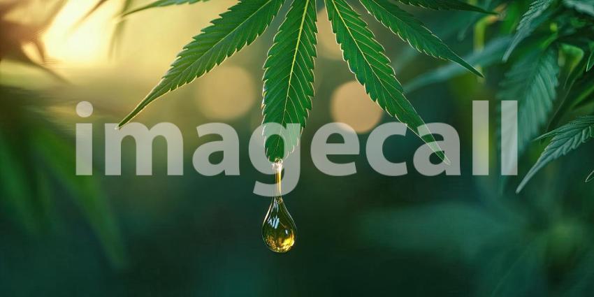 A Dewdrop of Natures Gift: A glistening water droplet hangs delicately from a vibrant cannabis leaf, capturing the essence of life and renewal in this potent plant