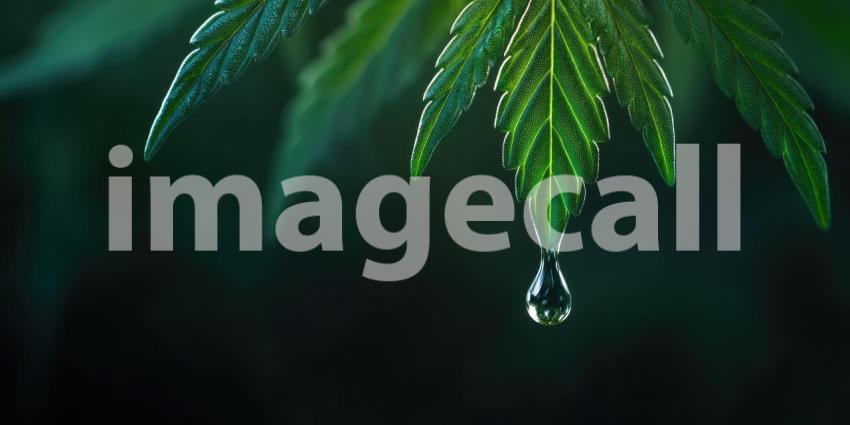 A Dewdrop of Natures Gift: A glistening water droplet hangs delicately from a vibrant cannabis leaf, capturing the essence of life and renewal in this potent plant