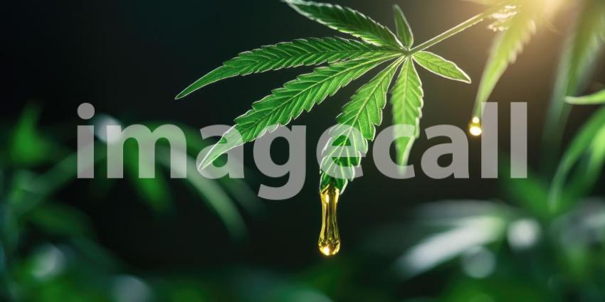 A Dewdrop of Natures Gift: A glistening water droplet hangs delicately from a vibrant cannabis leaf, capturing the essence of life and renewal in this potent plant