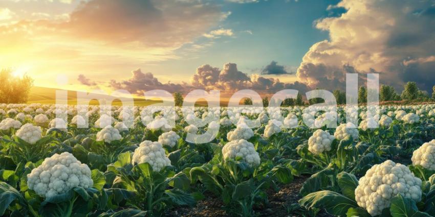 A Field of Ivory: A vast expanse of cauliflower heads, glistening under a dramatic sunset sky, forms a mesmerizing landscape of nature's bounty