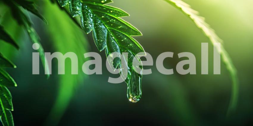 A Dewdrop of Natures Gift: A glistening water droplet hangs delicately from a vibrant cannabis leaf, capturing the essence of life and renewal in this potent plant