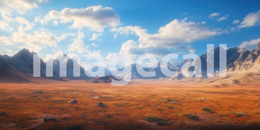 A Vast Expanse Under a Sky of Dreams: A golden grassland stretches towards a majestic mountain range, bathed in the warm light of a setting sun, creating a breathtaking panorama of nature grandeur