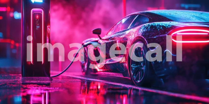 Neon Nights: A Sleek Electric Car Glows Under a Vibrant Canopy of Neon Lights, Plugged into a Charging Station, Ready for the City Electrifying After-Dark Adventures