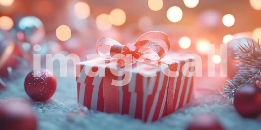 A Gift of Festive Cheer: A vibrant red gift box, adorned with a shimmering bow, sits nestled amidst a flurry of ribbons and sparkling lights, evoking the magic and anticipation of the holiday season