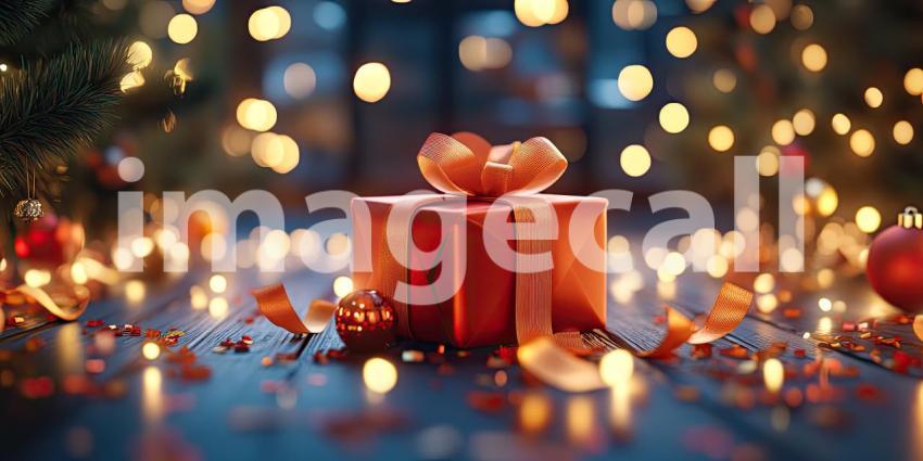 A Gift of Festive Cheer: A vibrant red gift box, adorned with a shimmering bow, sits nestled amidst a flurry of ribbons and sparkling lights, evoking the magic and anticipation of the holiday season
