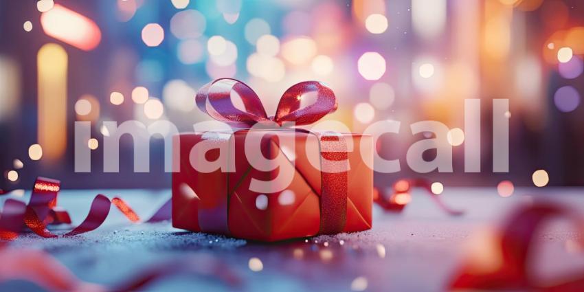 A Gift of Festive Cheer: A vibrant red gift box, adorned with a shimmering bow, sits nestled amidst a flurry of ribbons and sparkling lights, evoking the magic and anticipation of the holiday season