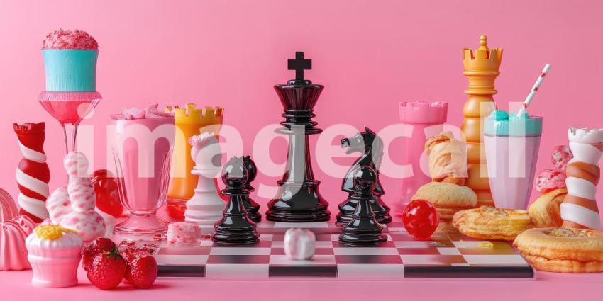 A Sweet Strategy: A whimsical chessboard, adorned with delectable treats and playful colors, invites a game of strategy and indulgence
