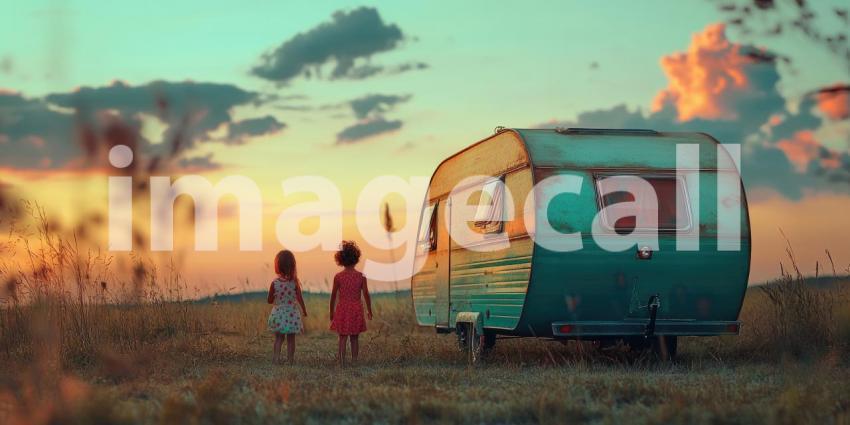 Serene Mountain Camping: Friends Enjoying Nature with Bright Orange Caravan