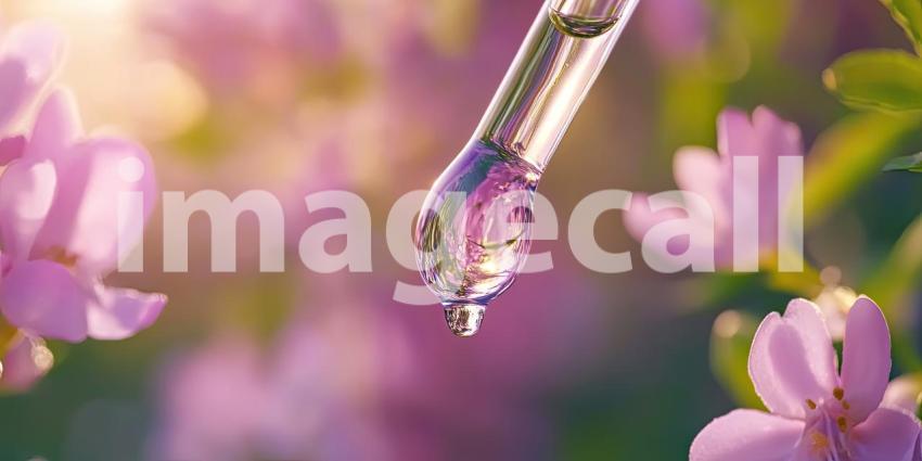 Macro Photography of Essential Oil Dropper with Blooming Flowers