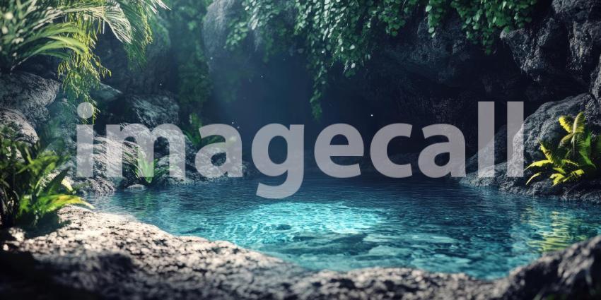 Tranquil Scene of a Natural Pool Hidden in a Lush Tropical Grotto