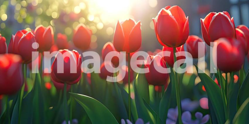 A Field of Red Tulips Illuminated by the Warm Morning Sun