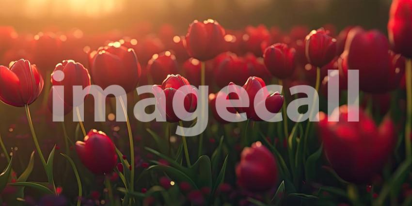 A Field of Red Tulips Illuminated by the Warm Morning Sun